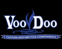 A black and blue logo for voodoo custom motorcycle components.