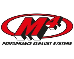 A red and black logo for m 4 performance exhaust systems.
