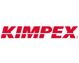 A red and white logo of kimpex