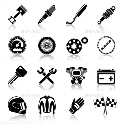 A set of 1 6 black and white icons with motorcycle parts.